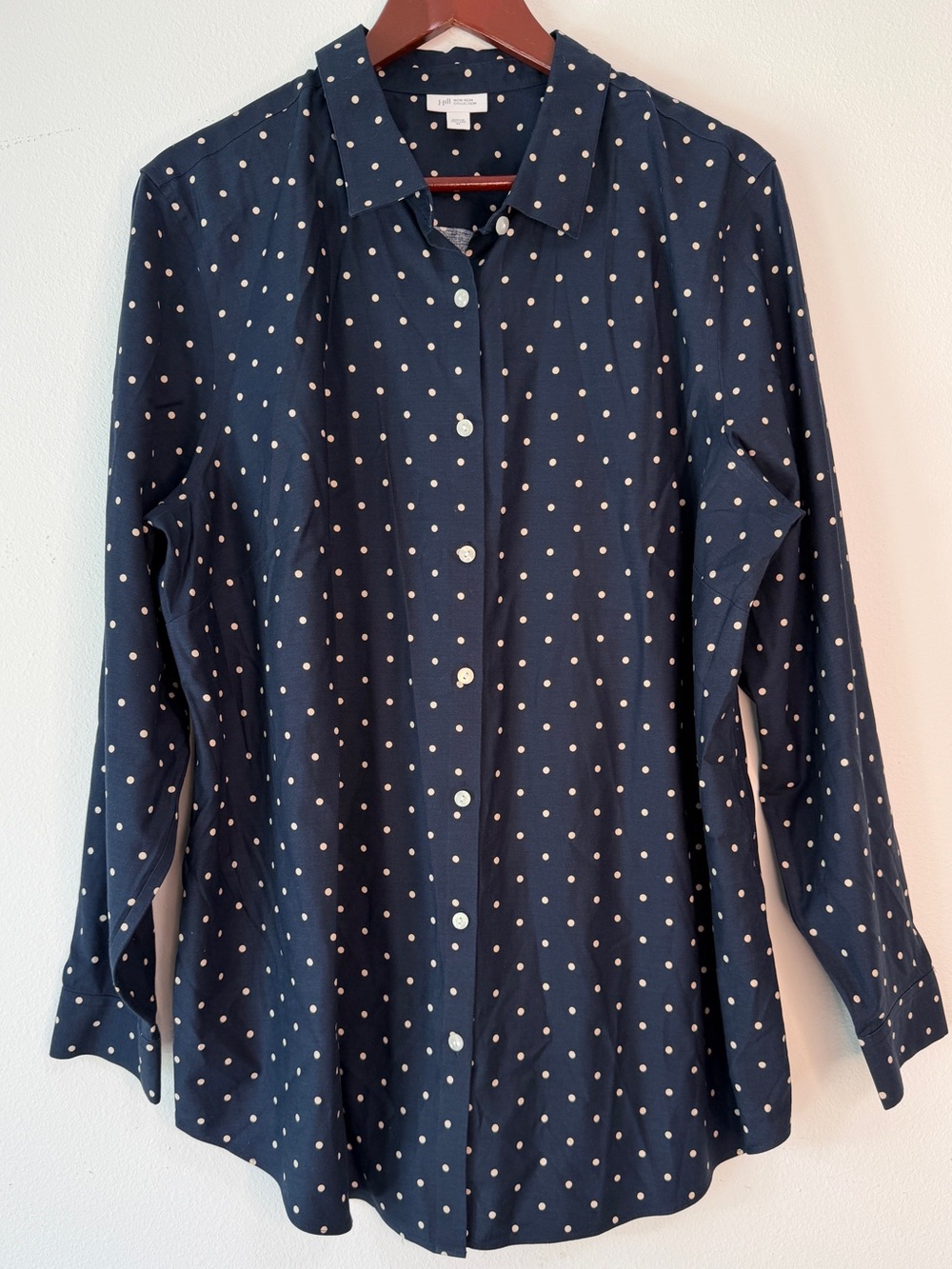 J.Jill Non-Iron Navy Blue Polka Dot Button Front Top Womens XL Modern Preppy